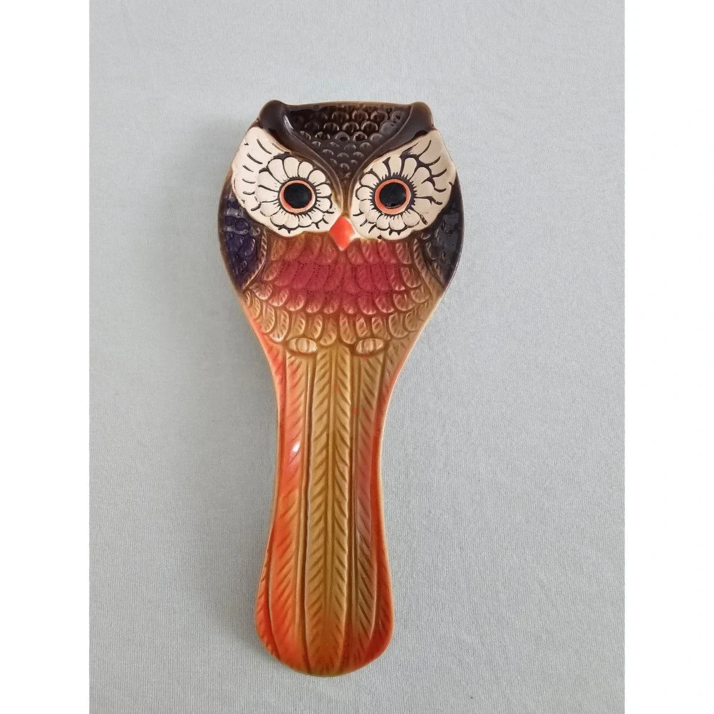 Cracker Barrel Spoon Rest Brown Orange Owl Stoneware Kitchen Accessory
